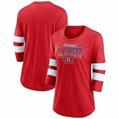 Women's Fanatics Branded Heathered Red/White Montreal Canadiens Full Shield 3/4-Sleeve Tri-Blend Raglan Scoop Neck T-Shirt -Metaverse shop unnamed file 10405