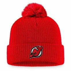 Men's Fanatics Branded Red New Jersey Devils Core Primary Logo Cuffed Knit Hat With Pom