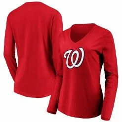 Women's Fanatics Branded Red Washington Nationals Official Logo Long Sleeve V-Neck T-Shirt -Metaverse shop unnamed file 11410