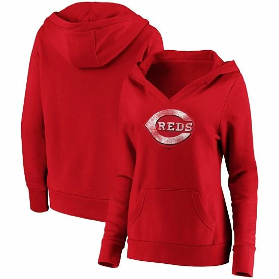 Women's Fanatics Branded Red Cincinnati Reds Core Team Crossover V-Neck Pullover Hoodie 3 Women's Fanatics Branded Red Cincinnati Reds Core Team Crossover V-Neck Pullover Hoodie