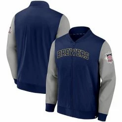 Men's Fanatics Branded Navy/Gray Milwaukee Brewers Iconic Record Holder Woven Full-Zip Bomber Jacket