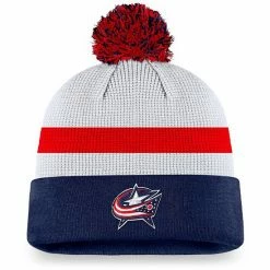 Men's Fanatics Branded White/Navy Columbus Blue Jackets Authentic Pro Draft Cuffed Knit Hat With Pom