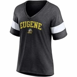 Women's Fanatics Branded Heathered Charcoal Oregon Ducks Arched City Sleeve-Striped Tri-Blend V-Neck T-Shirt -Metaverse shop unnamed file 12443