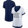 Women's Fanatics Branded White/Navy Milwaukee Brewers Iconic Noise Factor Pinstripe V-Neck T-Shirt