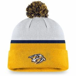 Men's Fanatics Branded White/Gold Nashville Predators Authentic Pro Draft Cuffed Knit Hat With Pom