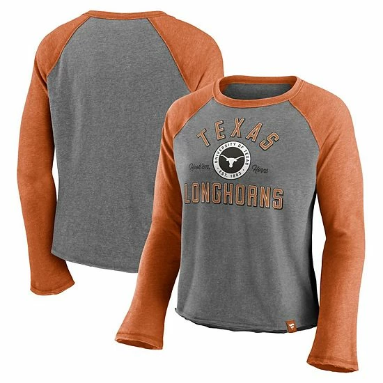 Fanatics Women's Majestic Heathered Gray/Heathered Texas Orange Texas Longhorns Competitive Edge Cropped Raglan Long Sleeve T-Shirt