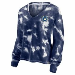 Women's Fanatics Branded White/Navy Milwaukee Brewers Tie-Dye V-Neck Pullover Cropped Tee -Metaverse shop unnamed file 13729
