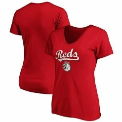 Women's Fanatics Branded Red Cincinnati Reds Team Logo Lockup V-Neck T-Shirt -Metaverse shop unnamed file 14015