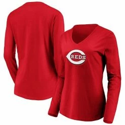 Women's Fanatics Branded Red Cincinnati Reds Official Logo Long Sleeve V-Neck T-Shirt -Metaverse shop unnamed file 14310