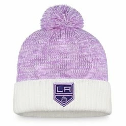 Men's Fanatics Branded White/Purple Los Angeles Kings Hockey Fights Cancer Cuffed Knit Hat With Pom