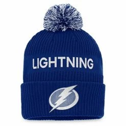 Men's Fanatics Branded Blue/White Tampa Bay Lightning 2022 NHL Draft Authentic Pro Cuffed Knit Hat With Pom