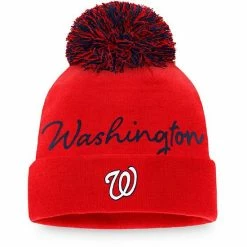 Women's Fanatics Branded Red Washington Nationals Script Cuffed Knit Hat With Pom