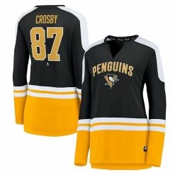 Women's Fanatics Branded Sidney Crosby Black/Gold Pittsburgh Penguins Power Player Long Sleeve Notch Neck T-Shirt