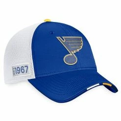 Men's Fanatics Branded Blue/White St. Louis Blues 2022 NHL Draft Authentic Pro On Stage Trucker Adjustable Hat