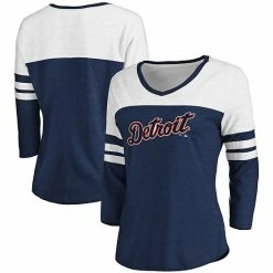 Women's Fanatics Branded Heathered Navy/White Detroit Tigers Official Wordmark 3/4 Sleeve V-Neck Tri-Blend T-Shirt -Metaverse shop unnamed file 19243