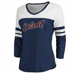 Women's Fanatics Branded Heathered Navy/White Detroit Tigers Official Wordmark 3/4 Sleeve V-Neck Tri-Blend T-Shirt -Metaverse shop unnamed file 19244