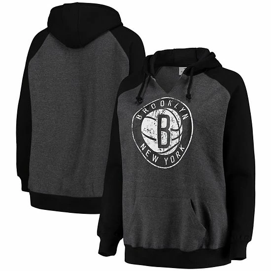 Women's Fanatics Branded Heathered Charcoal/Black Brooklyn Nets Plus Size Raglan Notch Neck Pullover Hoodie 3 Women's Fanatics Branded Heathered Charcoal/Black Brooklyn Nets Plus Size Raglan Notch Neck Pullover Hoodie
