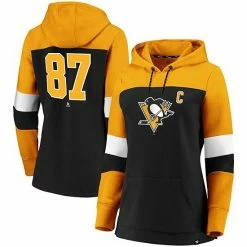 Women's Fanatics Branded Sidney Crosby Black/Gold Pittsburgh Penguins Heavy Block Pullover Hoodie