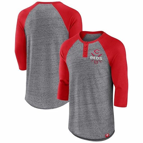 Men's Fanatics Branded Heathered Gray/Red Cincinnati Reds Iconic Above Heat Speckled Raglan Henley 3/4 Sleeve T-Shirt 3 Men's Fanatics Branded Heathered Gray/Red Cincinnati Reds Iconic Above Heat Speckled Raglan Henley 3/4 Sleeve T-Shirt
