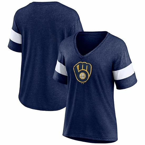 Women's Fanatics Branded Heathered Navy Milwaukee Brewers Weathered Tri-Blend V-Neck T-Shirt 3 Women's Fanatics Branded Heathered Navy Milwaukee Brewers Weathered Tri-Blend V-Neck T-Shirt