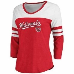Women's Fanatics Branded Heathered Red/White Washington Nationals Official Wordmark 3/4 Sleeve V-Neck Tri-Blend T-Shirt -Metaverse shop unnamed file 21377
