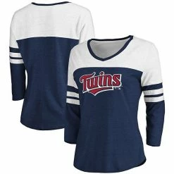 Women's Fanatics Branded Heathered Navy/White Minnesota Twins Official Wordmark 3/4 Sleeve V-Neck Tri-Blend T-Shirt -Metaverse shop unnamed file 22547