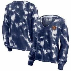 Women's Fanatics Branded White/Navy Chicago Bears Sport Resort Tie-Dye V-Neck Long Sleeve T-Shirt