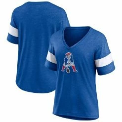 Women's Fanatics Branded Heathered Royal New England Patriots Throwback Logo Tri-Blend Striped V-Neck T-Shirt -Metaverse shop unnamed file 24761