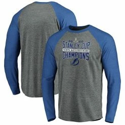 Men's Fanatics Branded Heather Gray/Heather Blue Tampa Bay Lightning 2020 Stanley Cup Champions Odd Man Rush Tri-Blend Raglan Long Sleeve T-Shirt -Metaverse shop unnamed file 26470