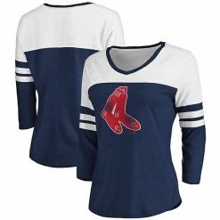 Women's Fanatics Branded Heathered Navy/White Boston Red Sox Two-Toned Distressed Cooperstown Collection Tri-Blend 3/4-Sleeve V-Neck T-Shirt -Metaverse shop unnamed file 27636