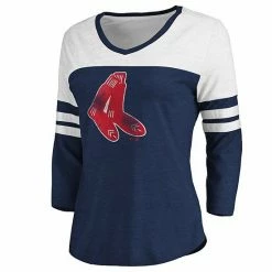 Women's Fanatics Branded Heathered Navy/White Boston Red Sox Two-Toned Distressed Cooperstown Collection Tri-Blend 3/4-Sleeve V-Neck T-Shirt -Metaverse shop unnamed file 27637