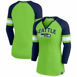 Women's Fanatics Branded Neon Green/College Navy Seattle Seahawks Block Party Team Arch Notch Neck Raglan 3/4 Sleeve T-Shirt -Metaverse shop unnamed file 27982