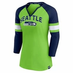 Women's Fanatics Branded Neon Green/College Navy Seattle Seahawks Block Party Team Arch Notch Neck Raglan 3/4 Sleeve T-Shirt -Metaverse shop unnamed file 27983