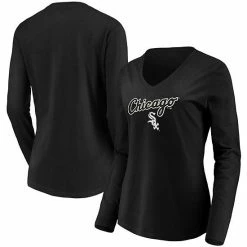 Women's Fanatics Branded Black Chicago White Sox Core Team Lockup Long Sleeve V-Neck T-Shirt