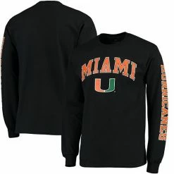 Men's Fanatics Branded Black Miami Hurricanes Distressed Arch Over Logo Long Sleeve Hit T-Shirt