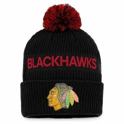 Men's Fanatics Branded Black/Red Chicago Blackhawks 2022 NHL Draft Authentic Pro Cuffed Knit Hat With Pom