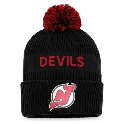 Men's Fanatics Branded Black/Red New Jersey Devils 2022 NHL Draft Authentic Pro Cuffed Knit Hat With Pom