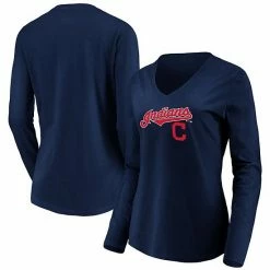 Women's Fanatics Branded Navy Cleveland Indians Core Team Lockup Long Sleeve V-Neck T-Shirt -Metaverse shop unnamed file 3887