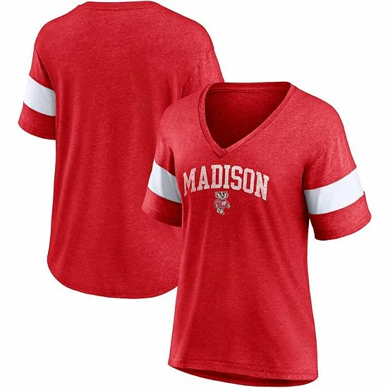 Women's Fanatics Branded Heathered Red Wisconsin Badgers Arched City Sleeve-Striped Tri-Blend V-Neck T-Shirt Women's Fanatics Branded Heathered Red Wisconsin Badgers Arched City Sleeve-Striped Tri-Blend V-Neck T-Shirt -Metaverse shop unnamed file 3895