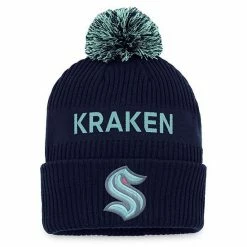 Men's Fanatics Branded Deep Sea Blue/Light Blue Seattle Kraken 2022 NHL Draft Authentic Pro Cuffed Knit Hat With Pom