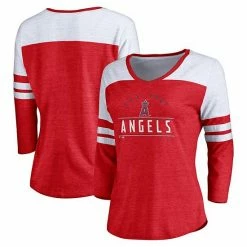 Women's Fanatics Branded Heather Red/White Los Angeles Angels League Leader Tri-Blend Three-Quarter Sleeve V-Neck T-Shirt -Metaverse shop unnamed file 6054