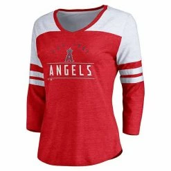 Women's Fanatics Branded Heather Red/White Los Angeles Angels League Leader Tri-Blend Three-Quarter Sleeve V-Neck T-Shirt -Metaverse shop unnamed file 6055
