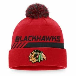 Men's Fanatics Branded Red/Black Chicago Blackhawks Authentic Pro Team Locker Room Cuffed Knit Hat With Pom