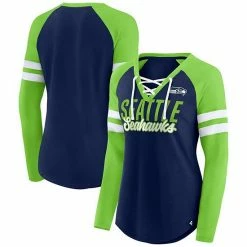 Women's Fanatics Branded College Navy/Neon Green Seattle Seahawks True To Form Raglan Lace-Up V-Neck Long Sleeve T-Shirt -Metaverse shop unnamed file 6345