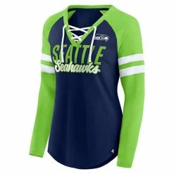 Women's Fanatics Branded College Navy/Neon Green Seattle Seahawks True To Form Raglan Lace-Up V-Neck Long Sleeve T-Shirt -Metaverse shop unnamed file 6346