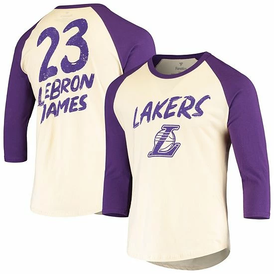 Men's Fanatics Branded LeBron James Cream/Purple Los Angeles Lakers Raglan 3/4 Sleeve T-Shirt Men's Fanatics Branded LeBron James Cream/Purple Los Angeles Lakers Raglan 3/4 Sleeve T-Shirt -Metaverse shop unnamed file 9605
