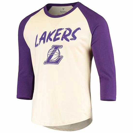 Men's Fanatics Branded LeBron James Cream/Purple Los Angeles Lakers Raglan 3/4 Sleeve T-Shirt Men's Fanatics Branded LeBron James Cream/Purple Los Angeles Lakers Raglan 3/4 Sleeve T-Shirt -Metaverse shop unnamed file 9606